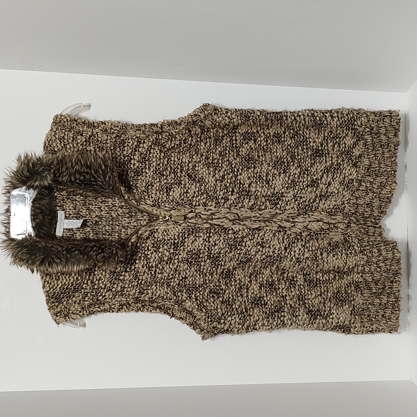 Woolblend Sweater Vest W/ Faux Fur Collar Cream & Brown Zipper Closure Xl=16